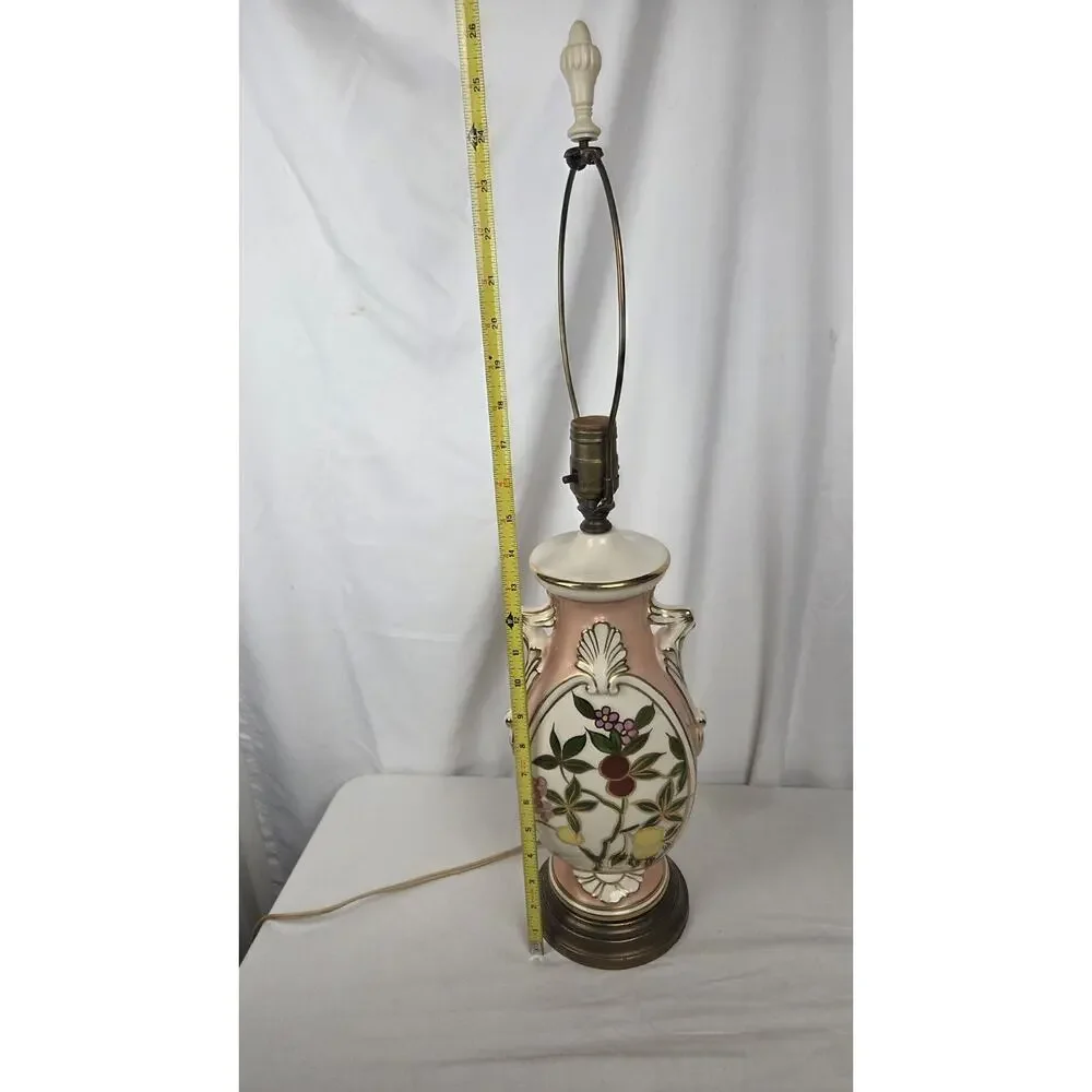 Mid Century Hand Painted Table Lamp Ceramic Floral Cherry Fruit Tree Pink Gold